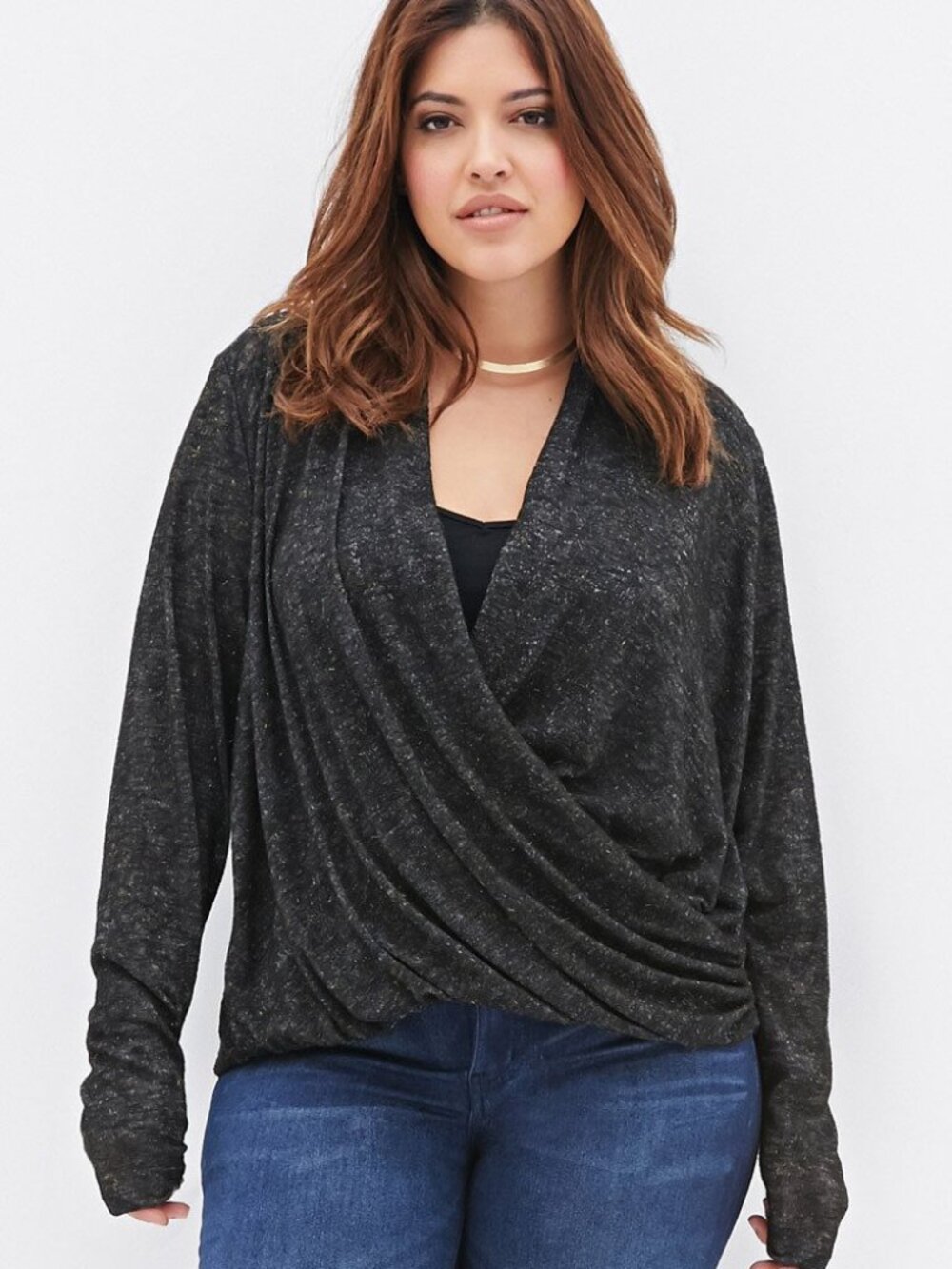 FOREVER 21 Plus Black Metallic Surplice Twist Draped Front Sweater XL/1X